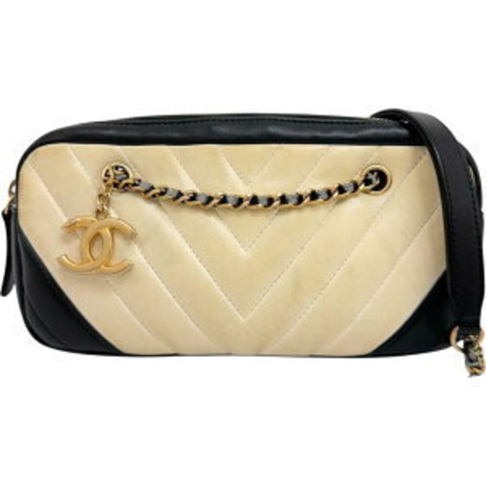 CHANEL V Stitch Chain Shoulder Bag circa Leather White Black